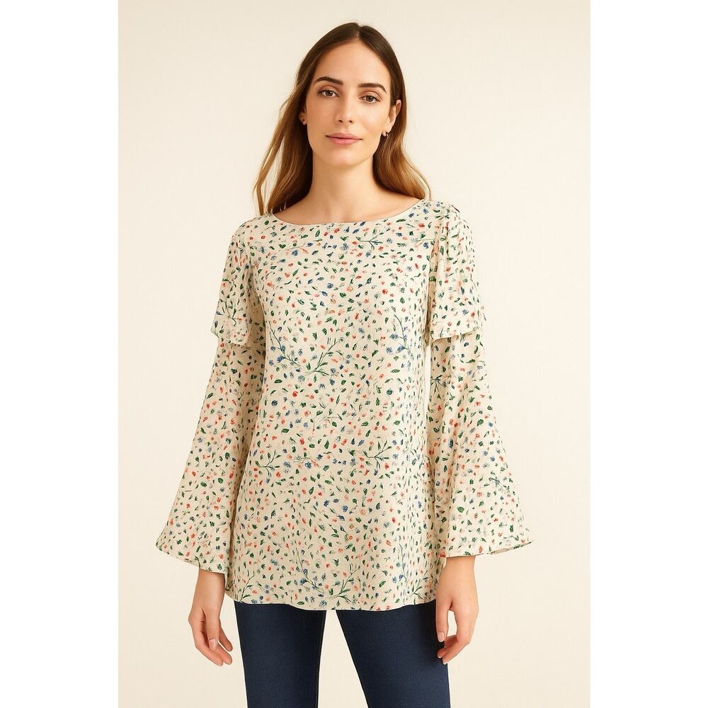 Club Monaco Womens 100% Silk‎ Blouse Top Size 6 Floral Flare Sleeves Feminine